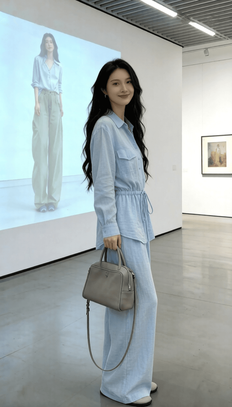 2026 년 봄 여름 새로운 캐주얼 느긋한 바람 긴팔 레이스업 허리 수축 여성 셔츠 와이드 레그 팬츠 투피스 세트 세트 상세 이미지 4