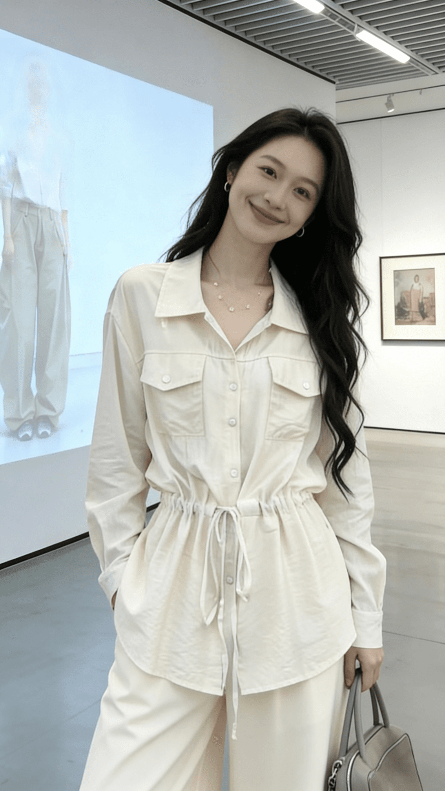 2026 년 봄 여름 새로운 캐주얼 느긋한 바람 긴팔 레이스업 허리 수축 여성 셔츠 와이드 레그 팬츠 투피스 세트 세트 상세 이미지 5