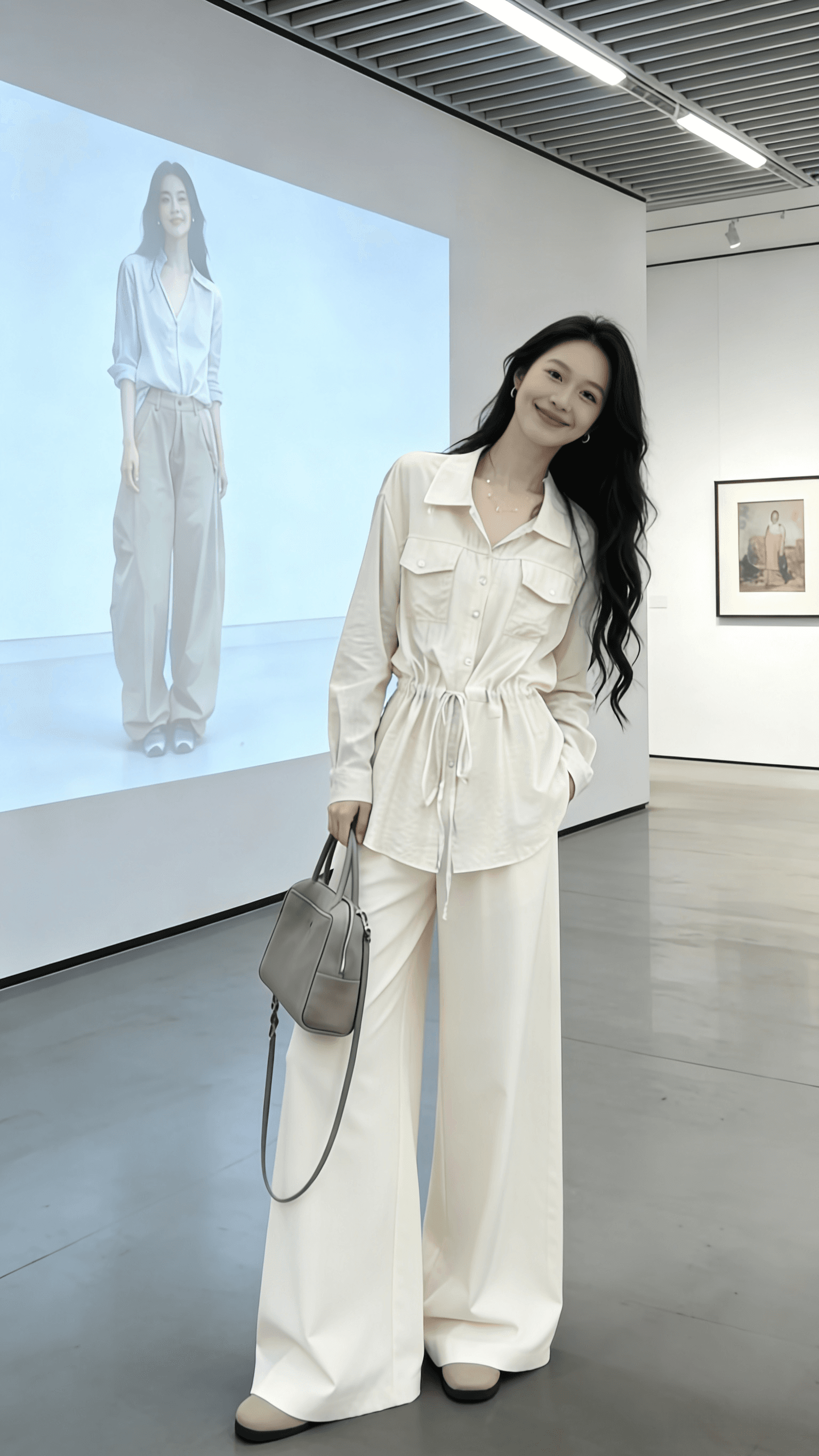 2026 년 봄 여름 새로운 캐주얼 느긋한 바람 긴팔 레이스업 허리 수축 여성 셔츠 와이드 레그 팬츠 투피스 세트 세트 상세 이미지 7
