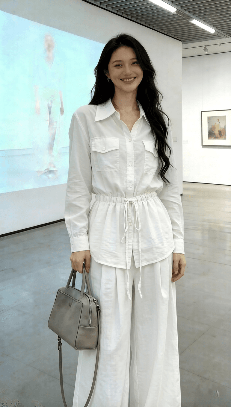 2026 년 봄 여름 새로운 캐주얼 느긋한 바람 긴팔 레이스업 허리 수축 여성 셔츠 와이드 레그 팬츠 투피스 세트 세트 상세 이미지 11