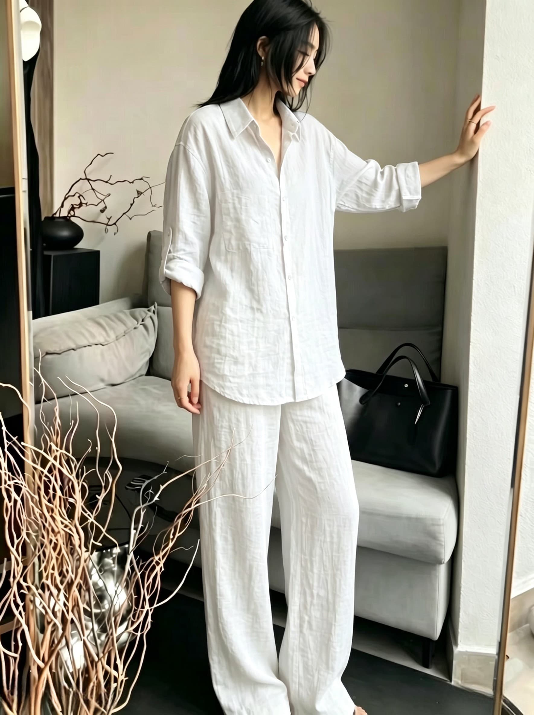 느슨함 센스 캐주얼 세트 여성 여름 새로운 느긋한 바람 루즈핏 폴로 칼라 얇고 가벼운 미니멀리즘 셔츠 와이드 레그 팬츠 투피스 세트 상세 이미지 1