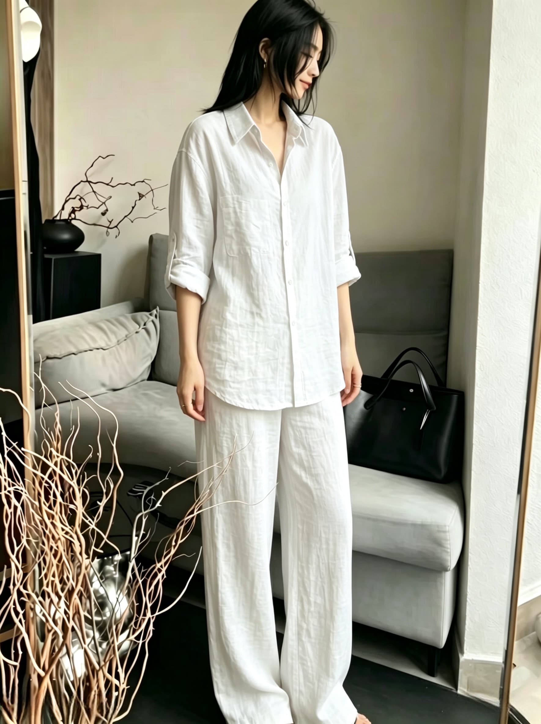 느슨함 센스 캐주얼 세트 여성 여름 새로운 느긋한 바람 루즈핏 폴로 칼라 얇고 가벼운 미니멀리즘 셔츠 와이드 레그 팬츠 투피스 세트 상세 이미지 6