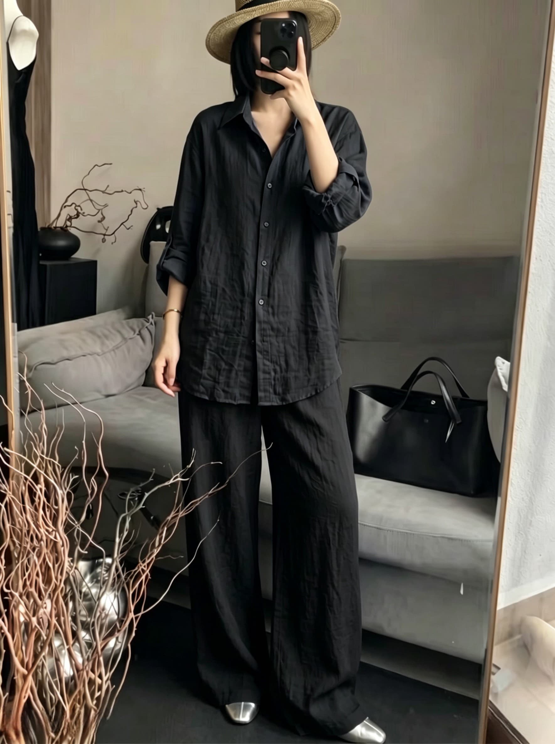 느슨함 센스 캐주얼 세트 여성 여름 새로운 느긋한 바람 루즈핏 폴로 칼라 얇고 가벼운 미니멀리즘 셔츠 와이드 레그 팬츠 투피스 세트 상세 이미지 7