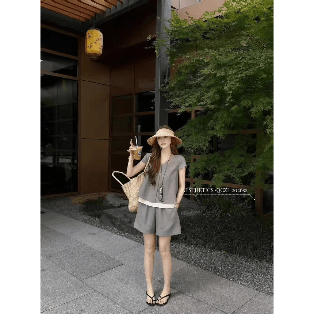 한국 스타일 반팔 거품 소매 망사 패치워크 셔츠 셔츠 반바지 투피스 슈트 배색 달콤함 작은 키 이미지 6