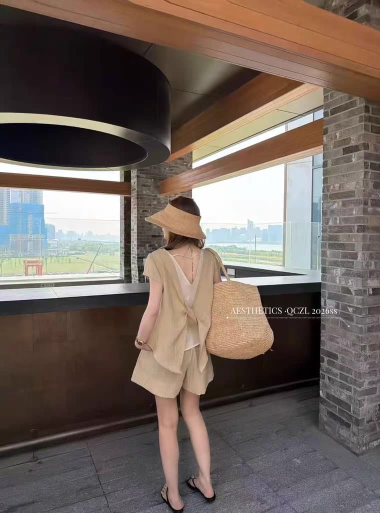 한국 스타일 반팔 거품 소매 망사 패치워크 셔츠 셔츠 반바지 투피스 슈트 배색 달콤함 작은 키 상세 이미지 4