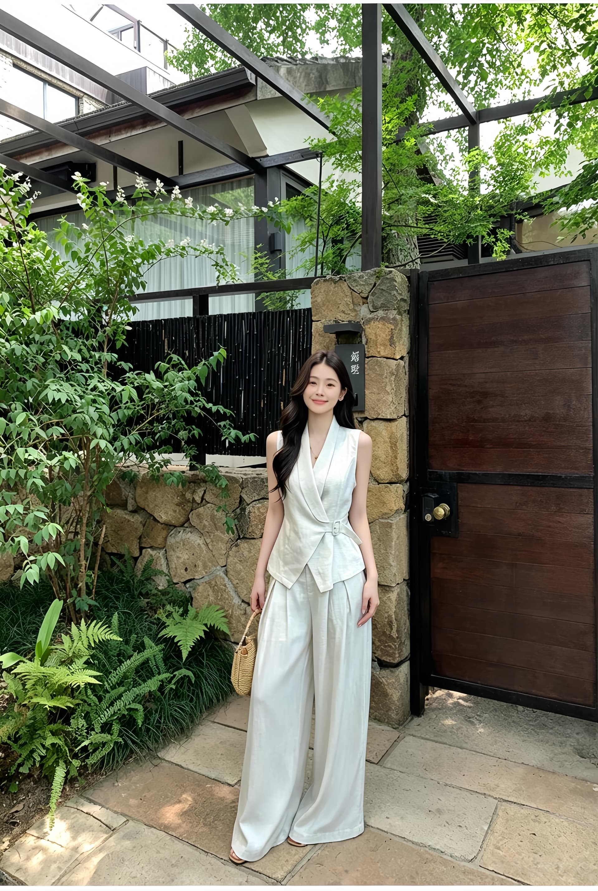여름 켜기 새로운 작은 대중 디자인 센스 품격 출퇴근 오래된 돈 바람 정장 베스트 하이웨이스트 와이드 레그 팬츠 두 조각 여성 세트 상세 이미지 2