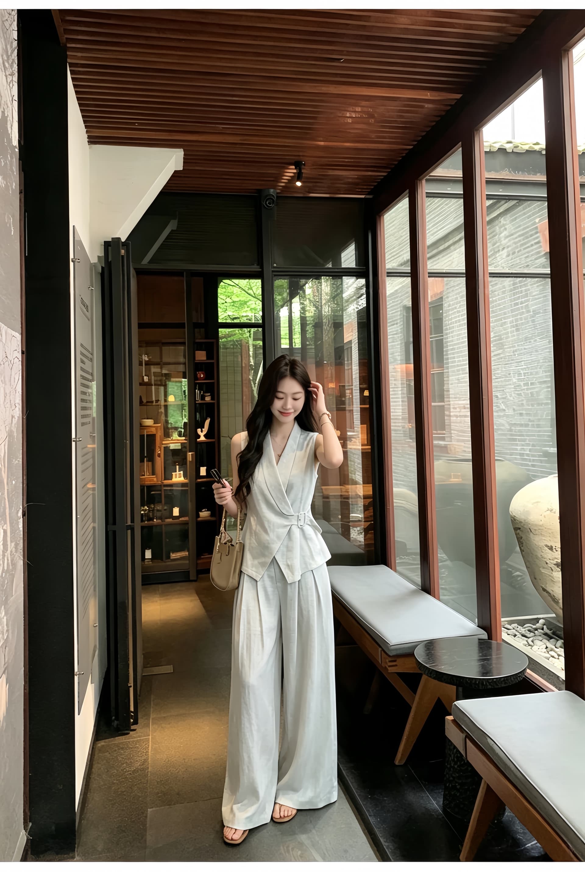여름 켜기 새로운 작은 대중 디자인 센스 품격 출퇴근 오래된 돈 바람 정장 베스트 하이웨이스트 와이드 레그 팬츠 두 조각 여성 세트 상세 이미지 4