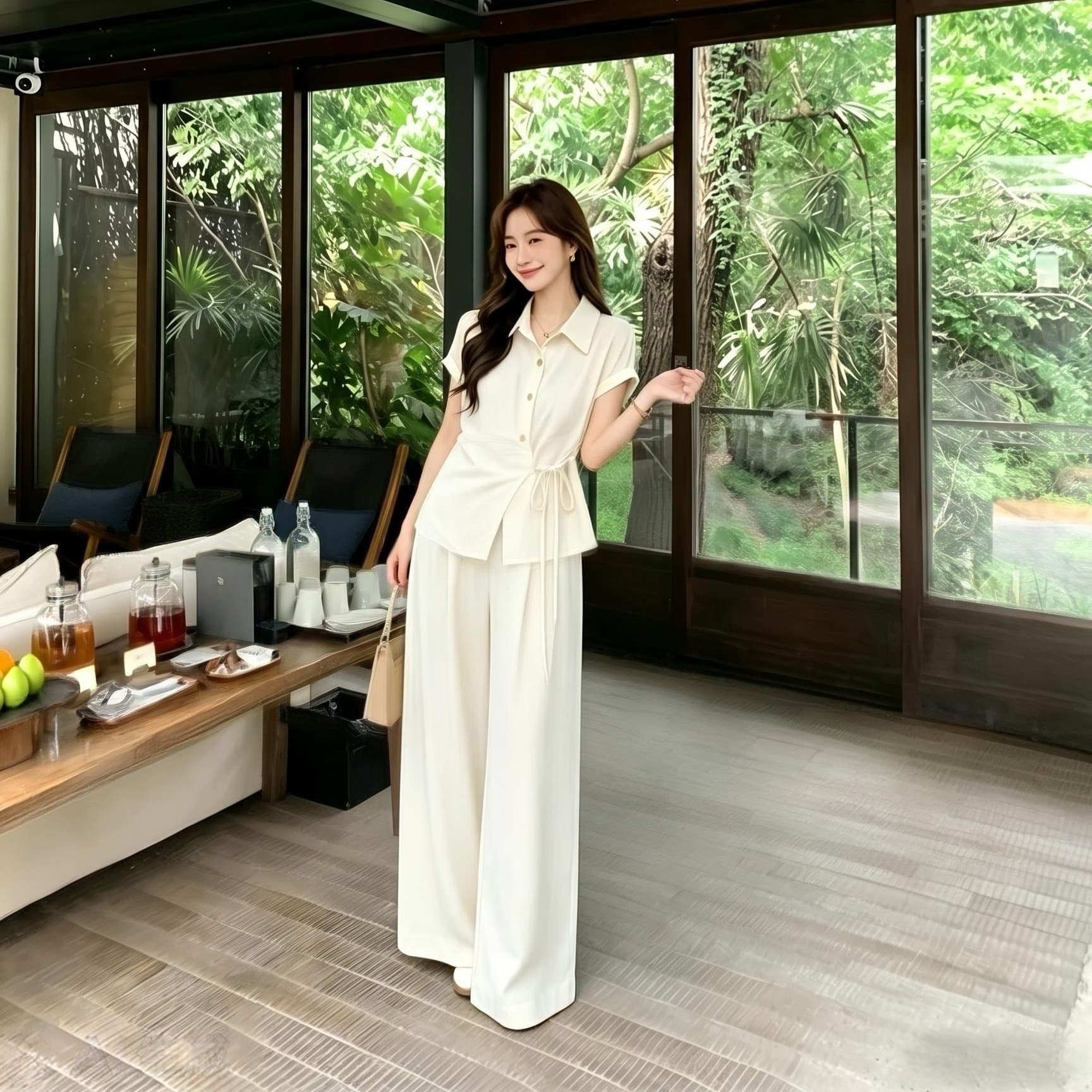 오래된 돈 바람 패션 디자인 센스 허리 수축 스트랩 품격 비스듬한 버클 셔츠 와이드 레그 팬츠 여름 새로운 슬림해 보이는 투피스 세트 이미지 2