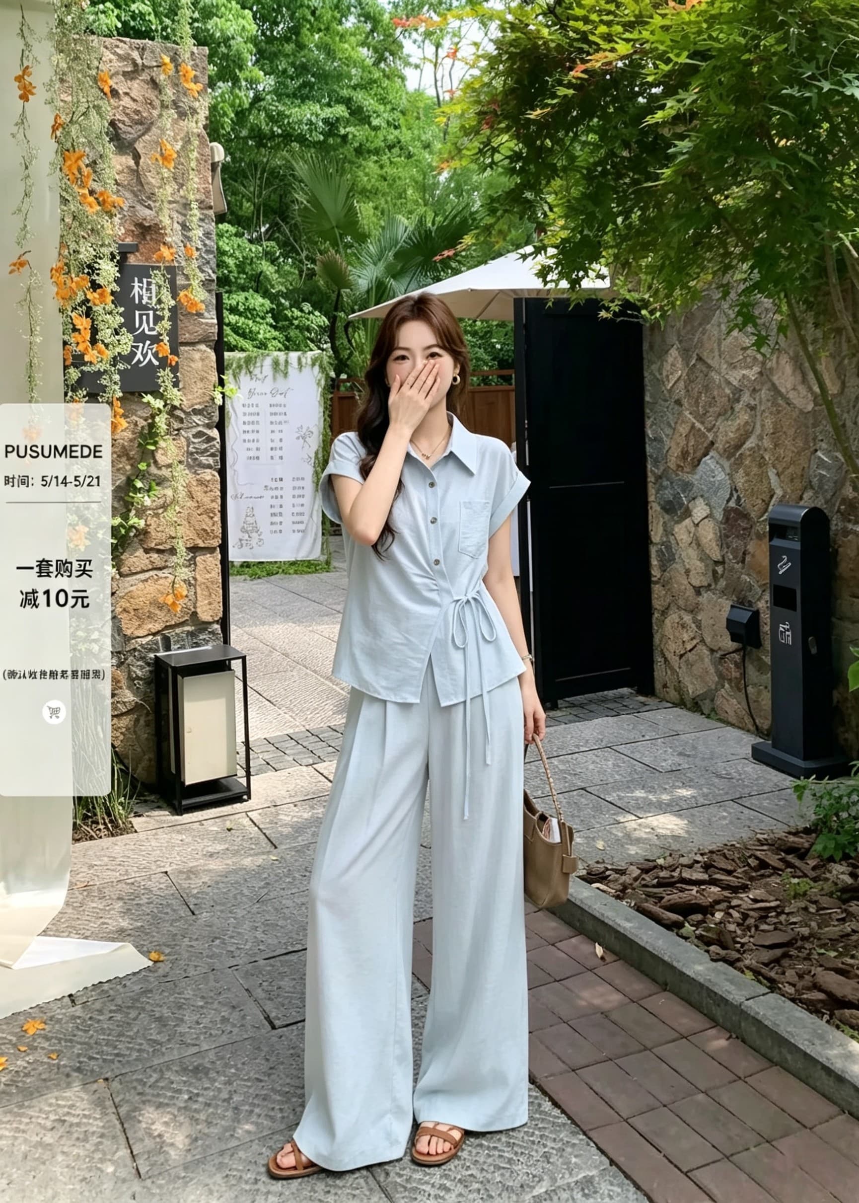 오래된 돈 바람 패션 디자인 센스 허리 수축 스트랩 품격 비스듬한 버클 셔츠 와이드 레그 팬츠 여름 새로운 슬림해 보이는 투피스 세트 상세 이미지 2
