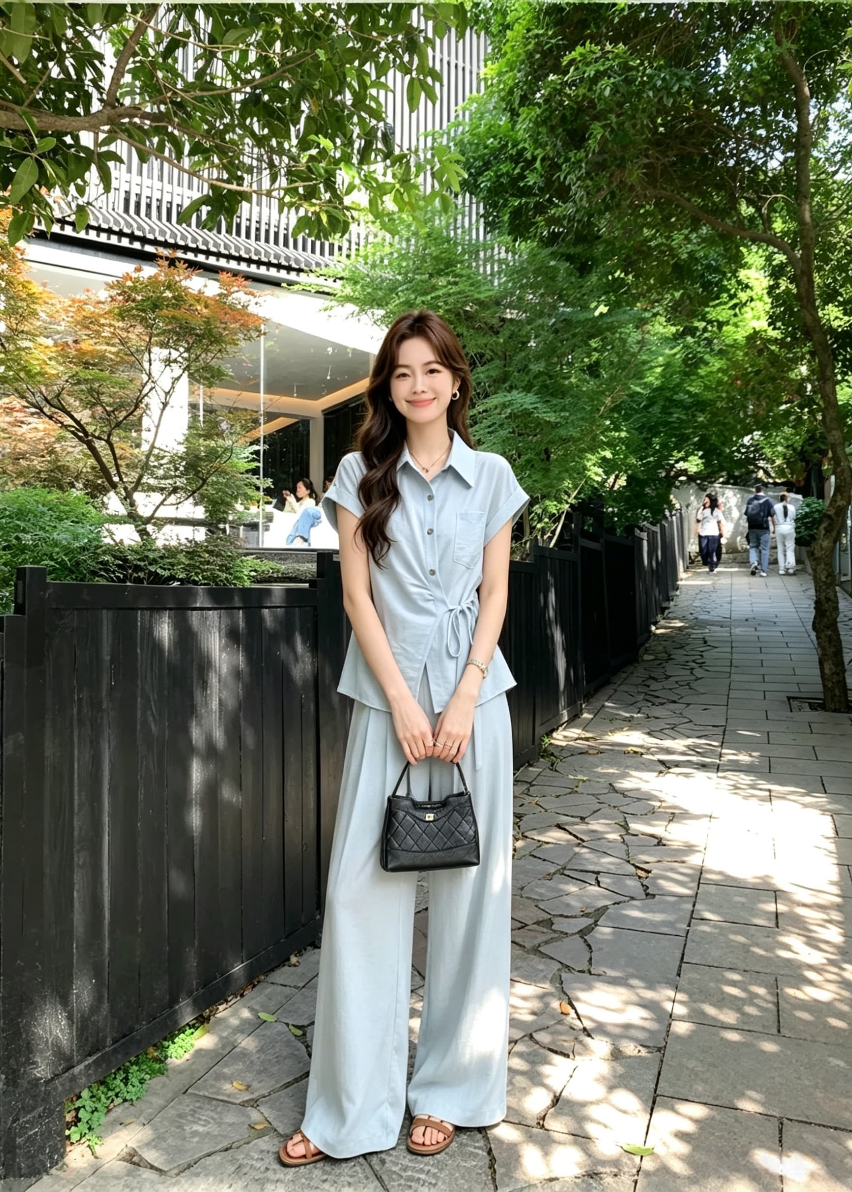 오래된 돈 바람 패션 디자인 센스 허리 수축 스트랩 품격 비스듬한 버클 셔츠 와이드 레그 팬츠 여름 새로운 슬림해 보이는 투피스 세트 상세 이미지 6