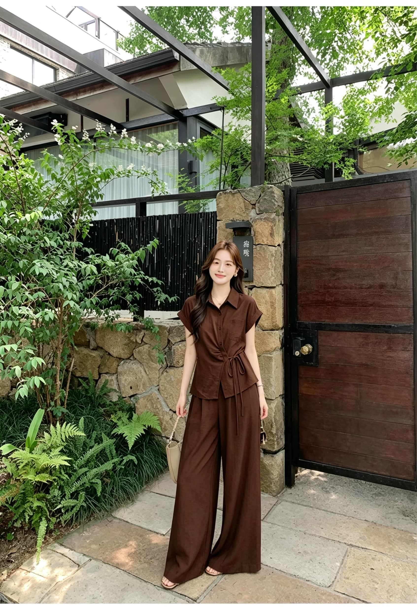 오래된 돈 바람 패션 디자인 센스 허리 수축 스트랩 품격 비스듬한 버클 셔츠 와이드 레그 팬츠 여름 새로운 슬림해 보이는 투피스 세트 상세 이미지 7