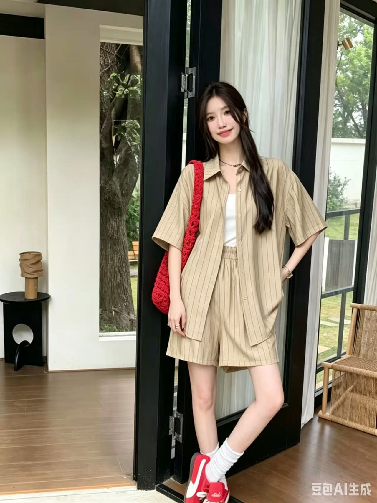 2026 년 여름 한국 스타일 패션 루즈핏 캐주얼 스트라이프 폴로 칼라 반팔 셔츠 맨위 하이웨이스트 슬림해 보이는 넓은 이미지 2