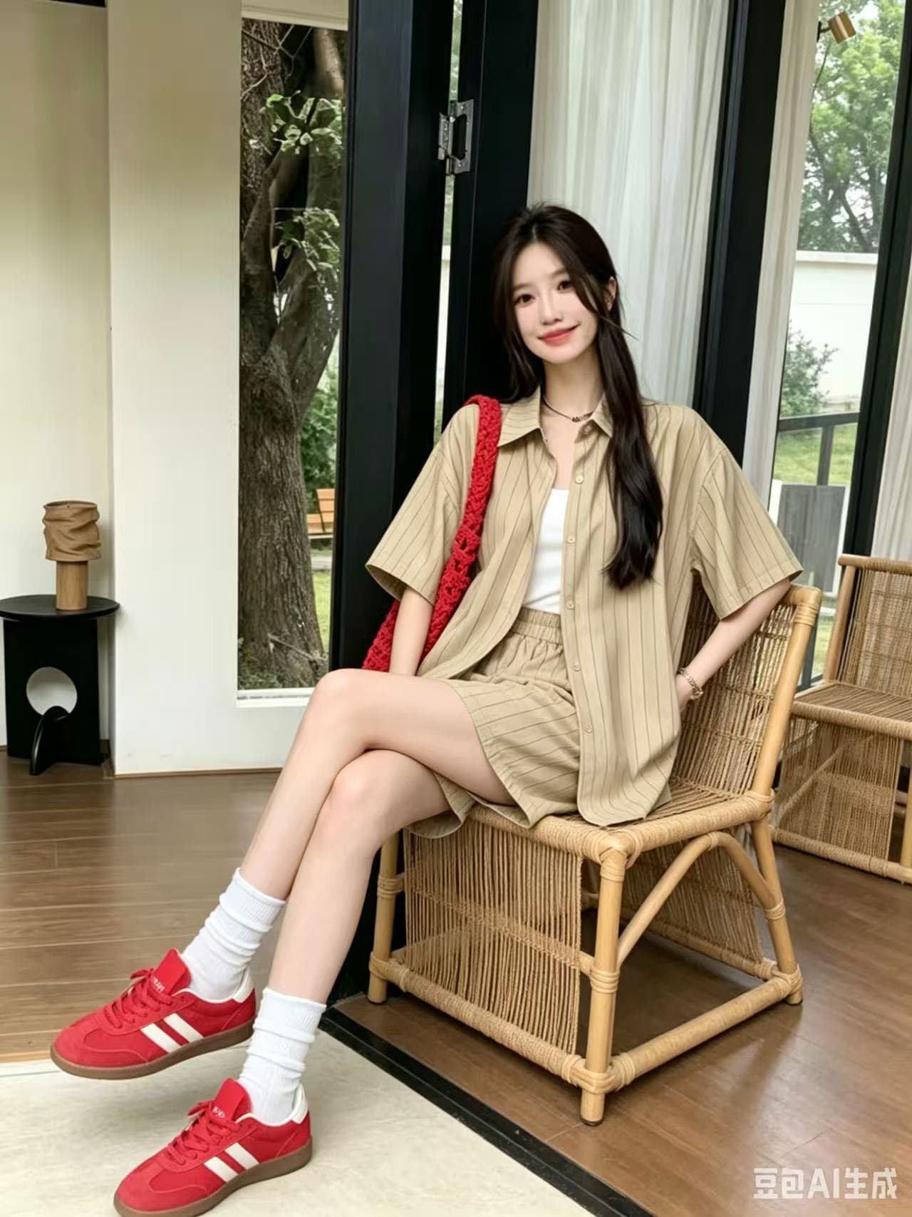 2026 년 여름 한국 스타일 패션 루즈핏 캐주얼 스트라이프 폴로 칼라 반팔 셔츠 맨위 하이웨이스트 슬림해 보이는 넓은 상세 이미지 3