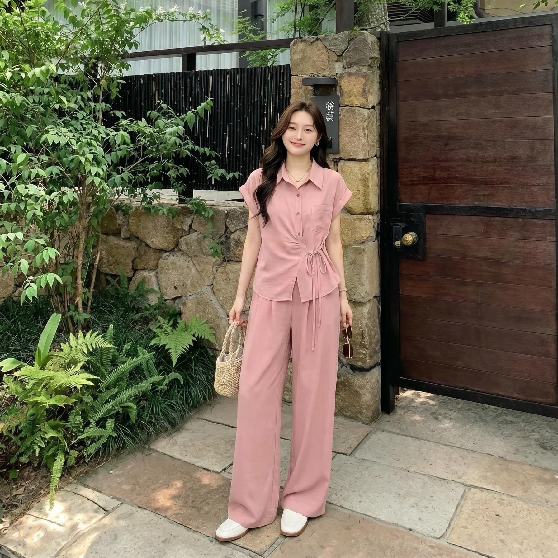 오래된 돈 바람 패션 디자인 센스 허리 수축 스트랩 품격 비스듬한 버클 셔츠 와이드 레그 팬츠 여름 새로운 슬림해 보이는 투피스 세트 이미지 5