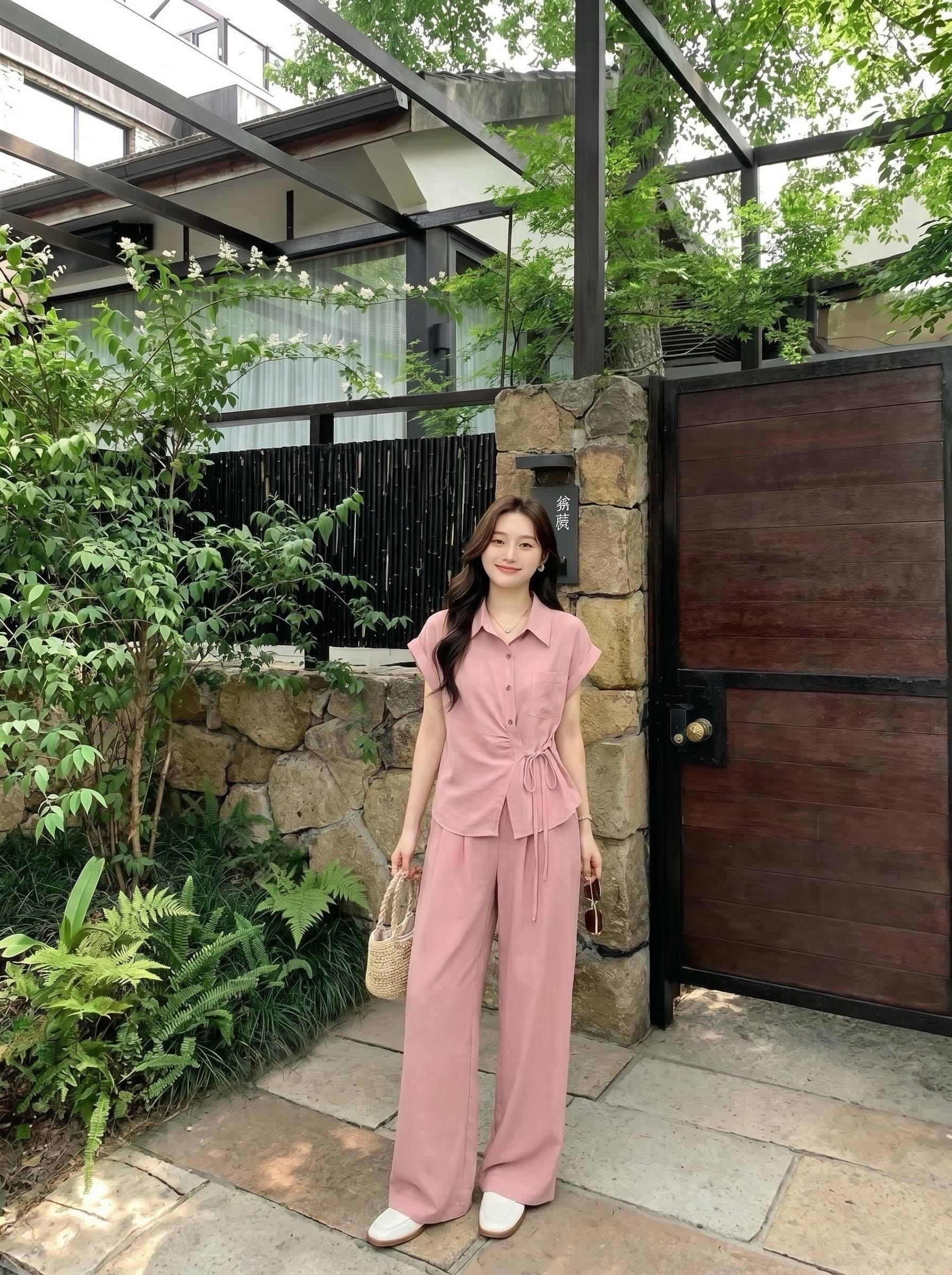 오래된 돈 바람 패션 디자인 센스 허리 수축 스트랩 품격 비스듬한 버클 셔츠 와이드 레그 팬츠 여름 새로운 슬림해 보이는 투피스 세트 상세 이미지 3