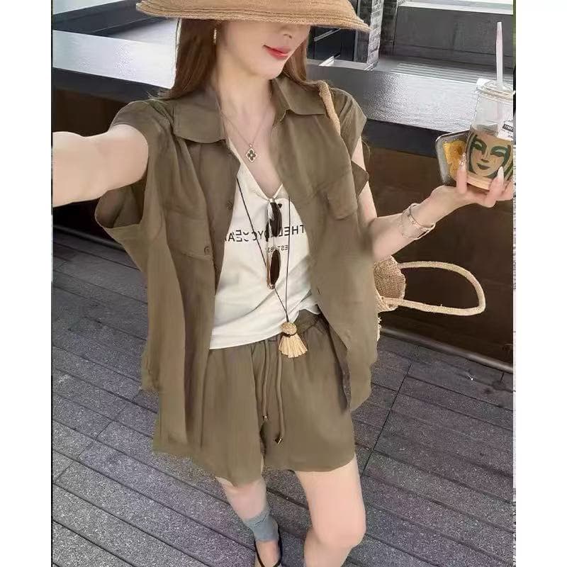 2026 년 새로운 빛 요리 한 미니멀리즘 바람 느슨함 센스 루즈핏 민소매 맨위 조끼 허리밴드 반바지 3종 세트 상세 이미지 6