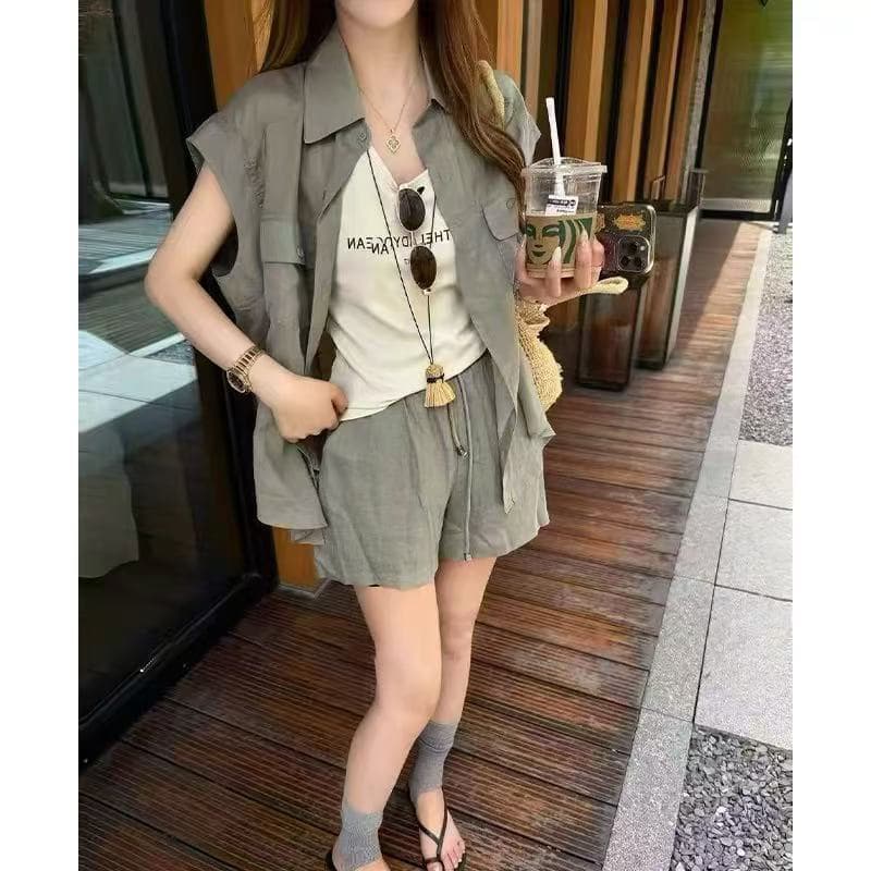 2026 년 새로운 빛 요리 한 미니멀리즘 바람 느슨함 센스 루즈핏 민소매 맨위 조끼 허리밴드 반바지 3종 세트 상세 이미지 7