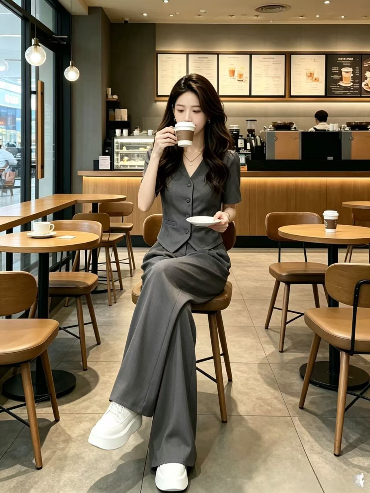 패션 세트 여성 2026 여름 새로운 고급 센스 외국 가스 슬림해 보이는 V넥 반팔 맨위 와이드 레그 팬츠 투피스 세트 상세 이미지 2