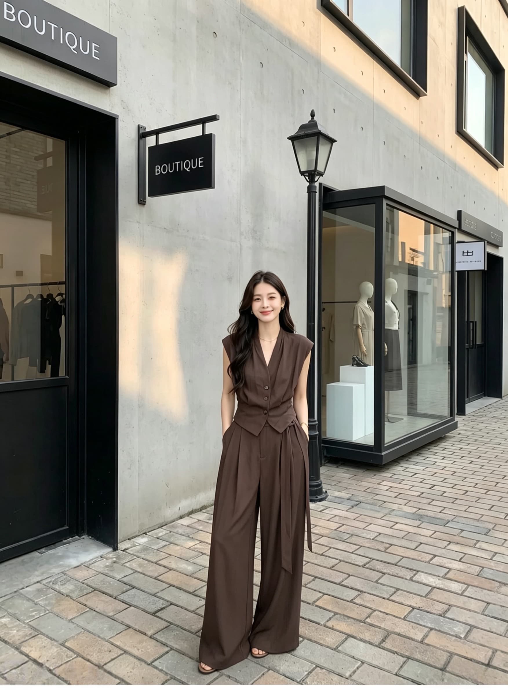2026 여름 주간 실크 아마 V넥 맨위 투피스 세트 품격 하이웨이스트 와이드 레그 팬츠 세트 shbzwm651870 상세 이미지 5