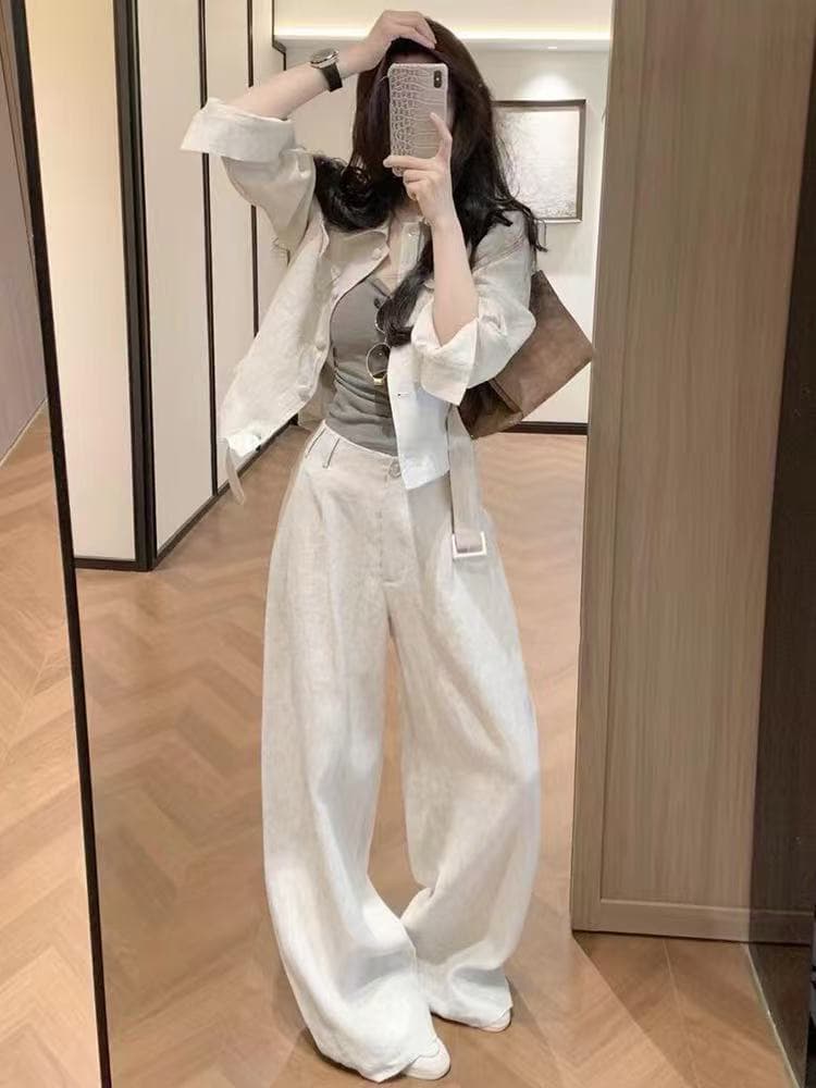 2026 새로운 가을 폭발 고급 센스 허리 수축 긴팔 재킷 하이웨이스트 슬림해 보이는 스트레이트 캐주얼 바지 상세 이미지 1