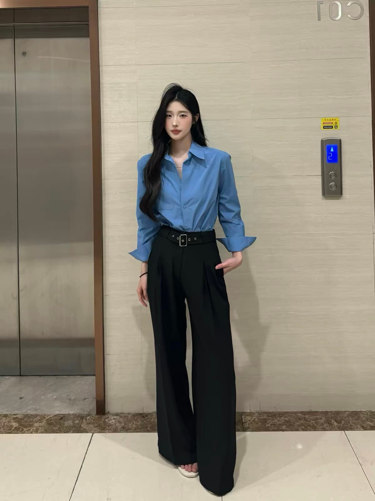 한 부서 미니멀리즘 출퇴근 착용 가져 가라. 블라우스 사계절 섹션 와이드 레그 팬츠 세트 상세 이미지 2