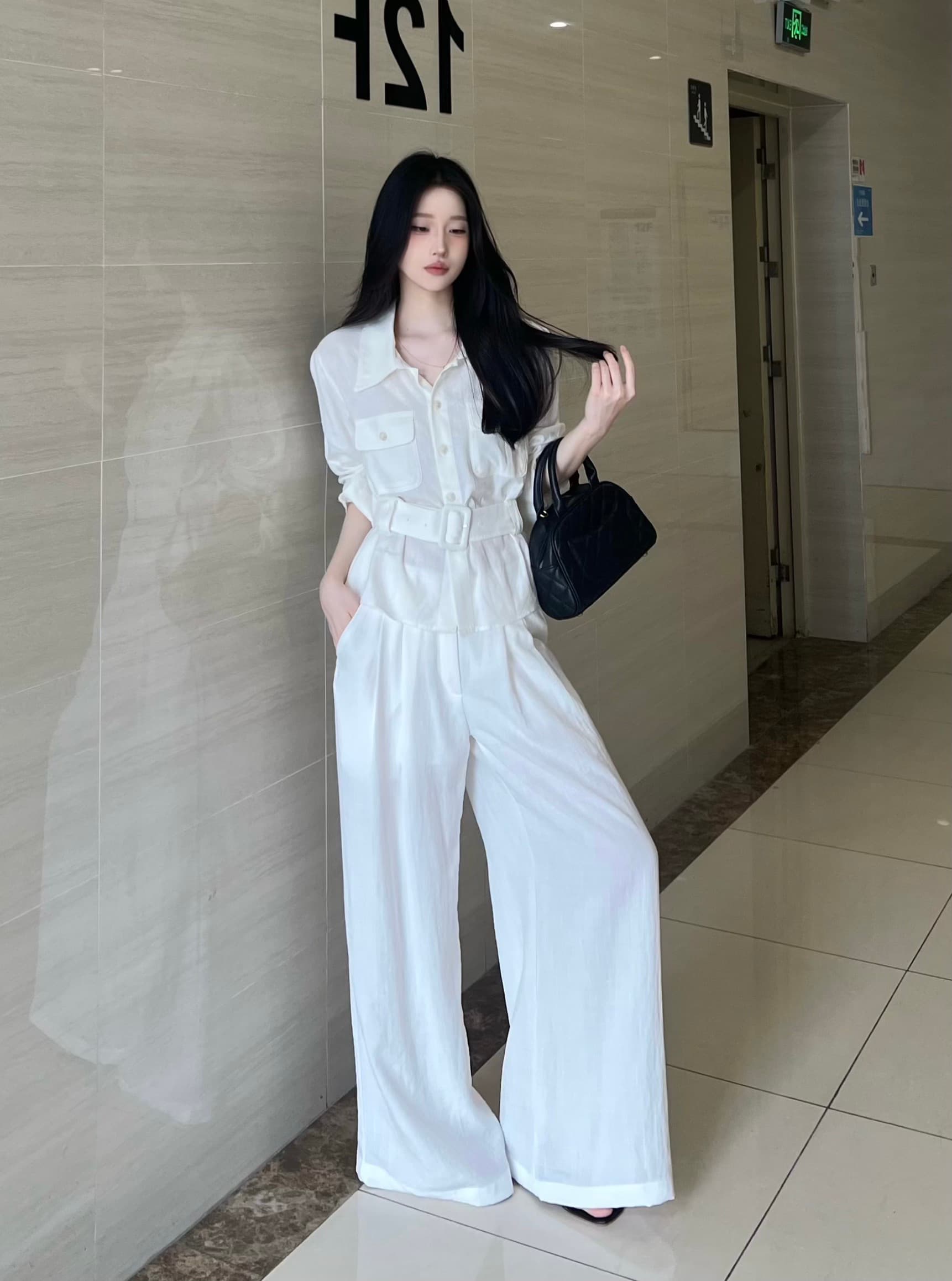 2026 한 부서 미니멀리즘 출퇴근 직장 여성 사계절 섹션 루즈핏 아마 셔츠 와이드 레그 팬츠 세트 이미지 4