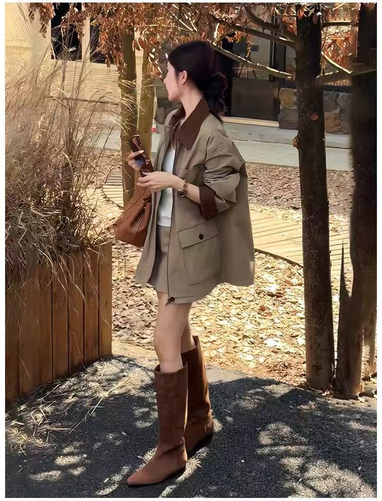 한 부서 캐주얼 워크웨어 세트 드레스 여성 2026 봄 가을 배색 폴로 칼라 재킷 재킷 반신 치마 투피스 슈트 이미지 3
