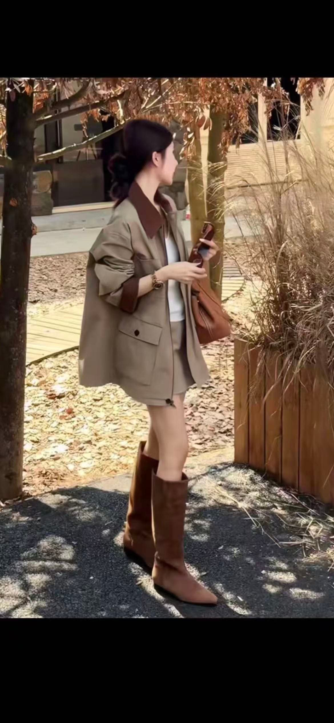 한 부서 캐주얼 워크웨어 세트 드레스 여성 2026 봄 가을 배색 폴로 칼라 재킷 재킷 반신 치마 투피스 슈트 상세 이미지 5
