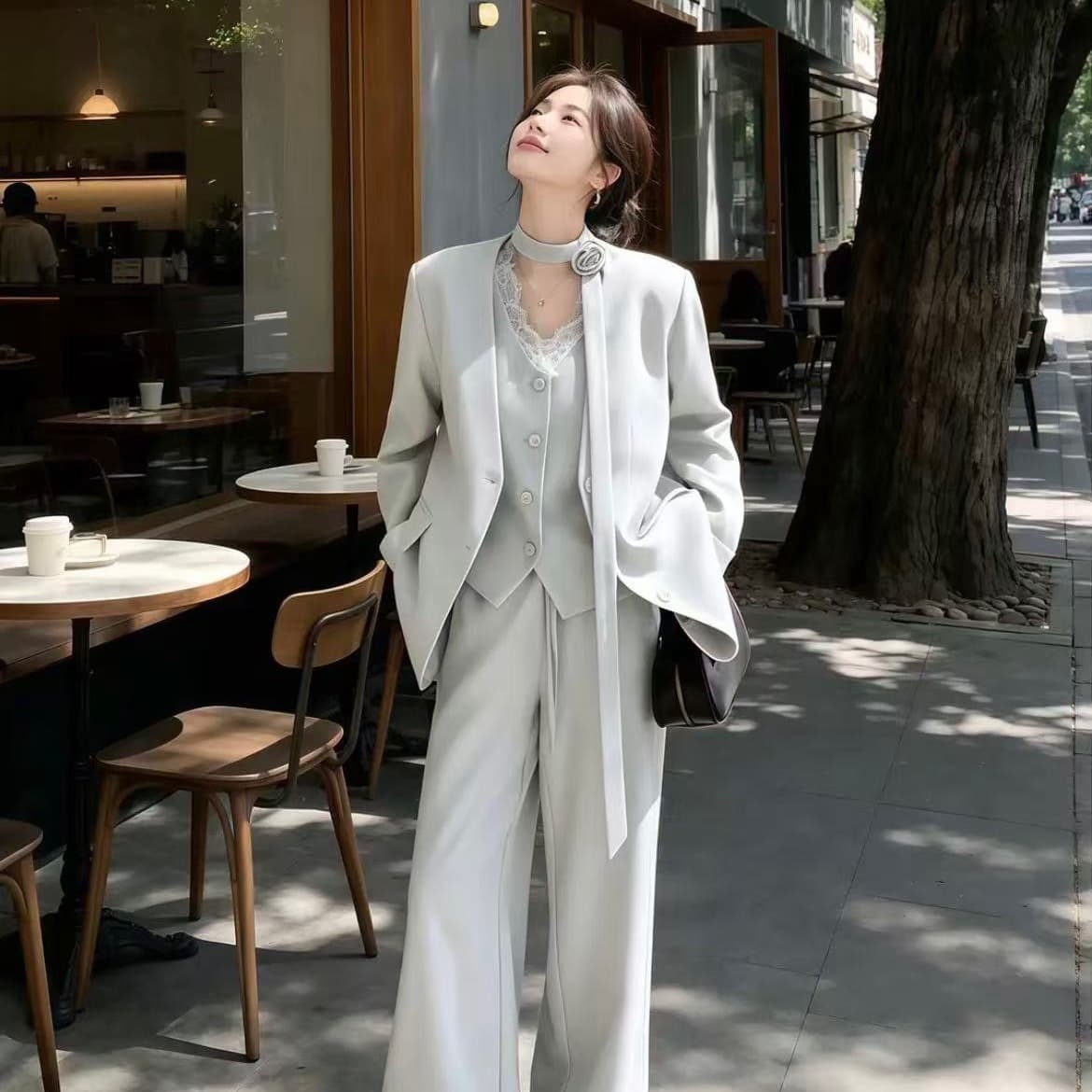 회색 정장 세트 여성 2026 새로운 가을 착용 가져 가라. 고급 센스 베스트 블레이저 와이드 레그 팬츠 3종 세트 이미지 3