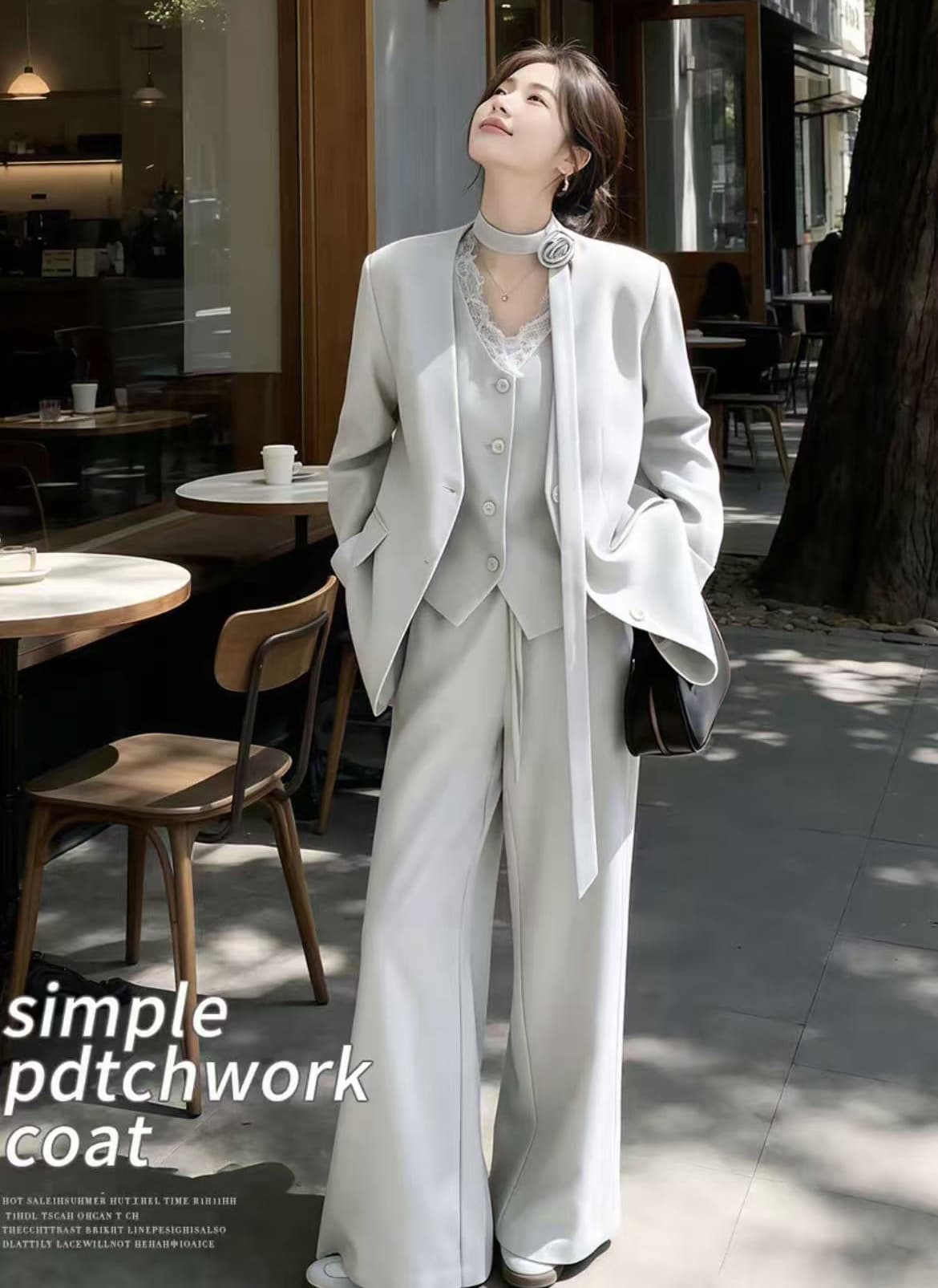 회색 정장 세트 여성 2026 새로운 가을 착용 가져 가라. 고급 센스 베스트 블레이저 와이드 레그 팬츠 3종 세트 상세 이미지 1