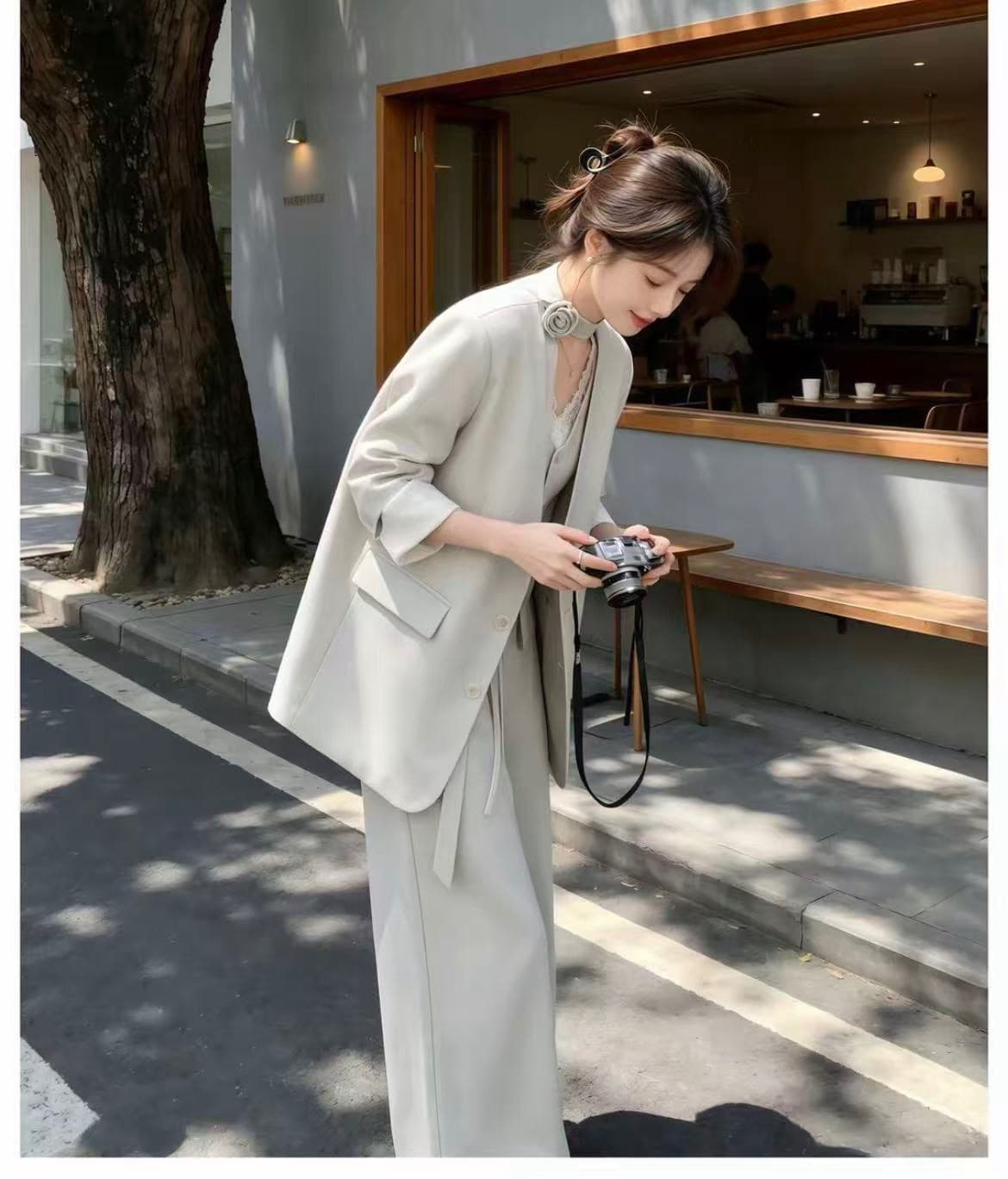 회색 정장 세트 여성 2026 새로운 가을 착용 가져 가라. 고급 센스 베스트 블레이저 와이드 레그 팬츠 3종 세트 상세 이미지 2