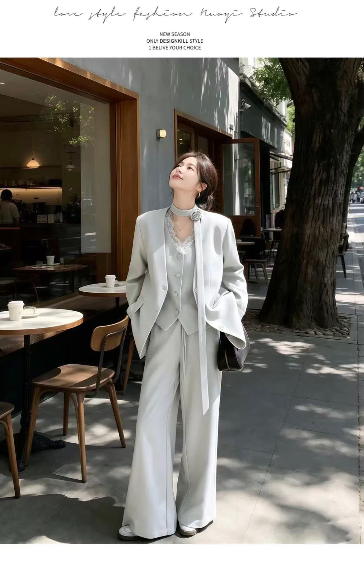 회색 정장 세트 여성 2026 새로운 가을 착용 가져 가라. 고급 센스 베스트 블레이저 와이드 레그 팬츠 3종 세트 상세 이미지 3