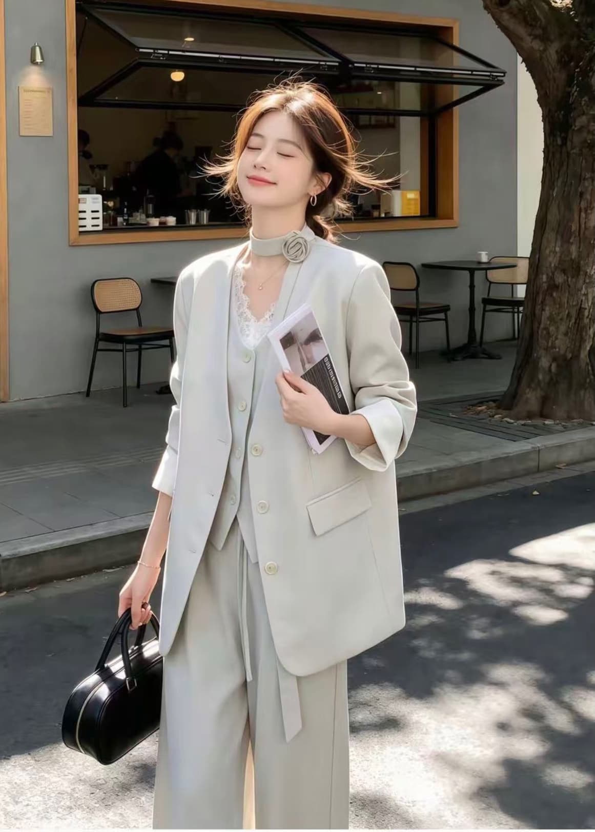 회색 정장 세트 여성 2026 새로운 가을 착용 가져 가라. 고급 센스 베스트 블레이저 와이드 레그 팬츠 3종 세트 상세 이미지 5