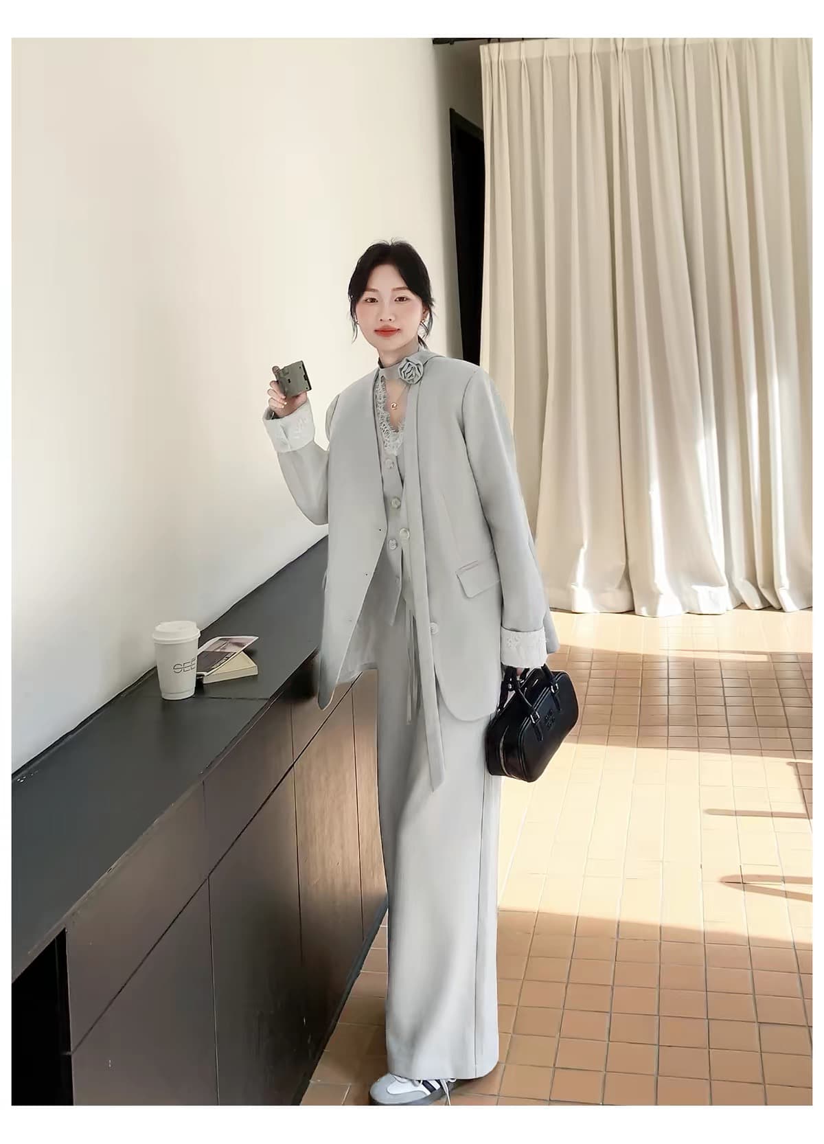 회색 정장 세트 여성 2026 새로운 가을 착용 가져 가라. 고급 센스 베스트 블레이저 와이드 레그 팬츠 3종 세트 상세 이미지 9