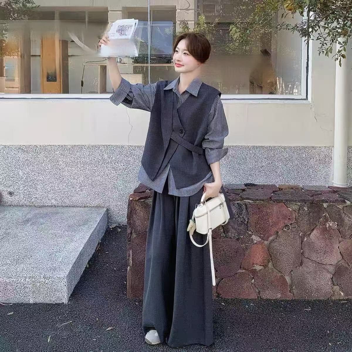 레트로 ins 바람 커피 색상 베스트 셔츠 와이드 레그 팬츠 2026 봄 가을 새로운 고급 센스 품격 한 부서 3종 세트 이미지 3