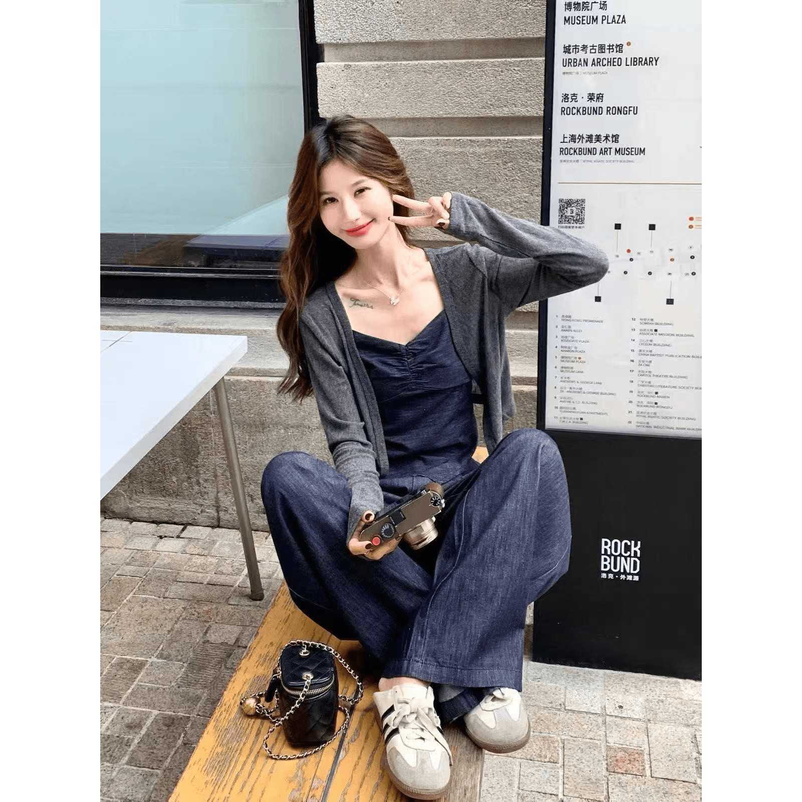 2026 새로운 한 부서 품격 자이언트 잘 생긴 캐주얼 오픈 가디건 데님 슬립 허리밴드 와이드 레그 팬츠 세 조각 이미지 5