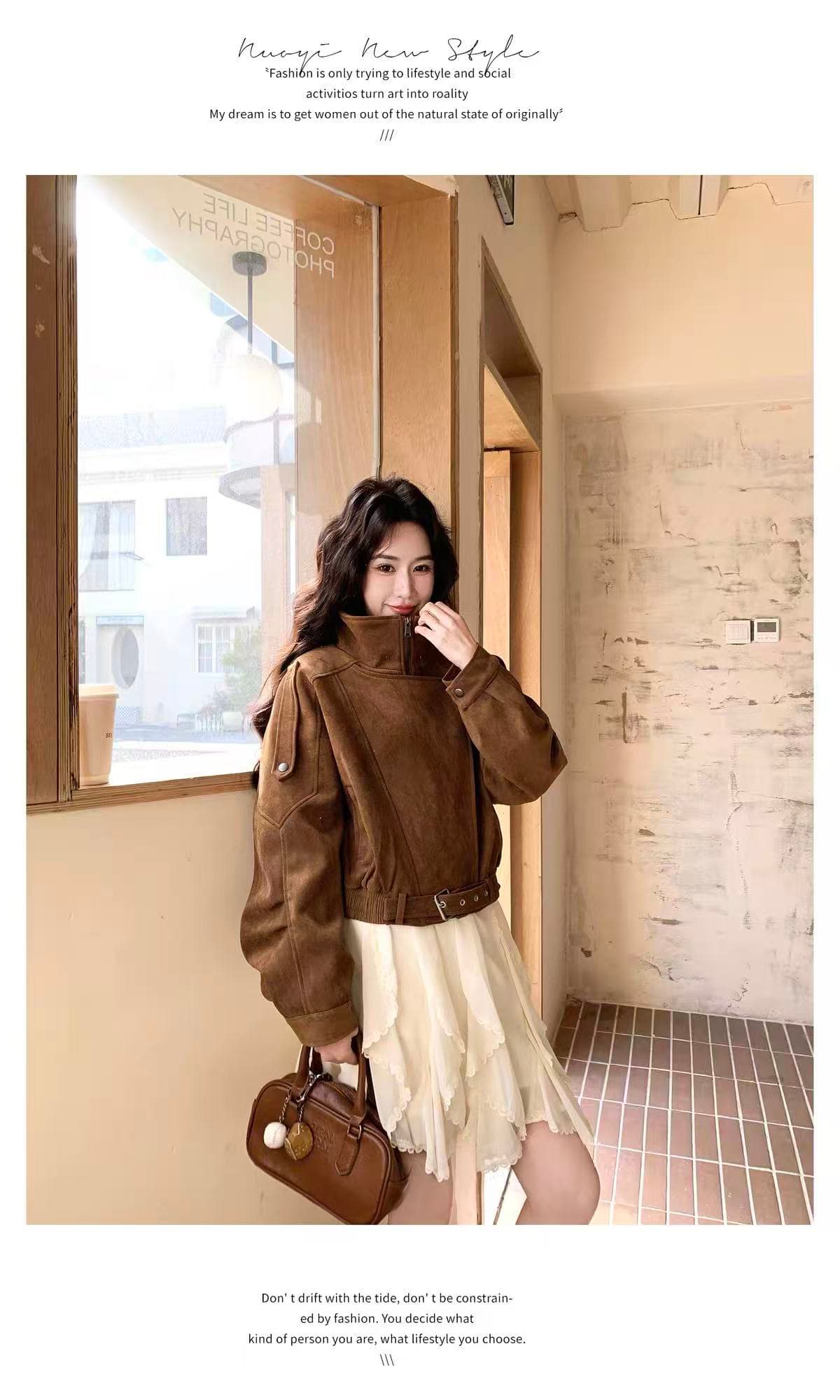 아름다움 라드. 레트로 스웨이드 원단 재킷 여성 짧은 2026 가을 새로운 올해 인기 한 부서 달콤한 차가운 바람 클립 상세 이미지 9