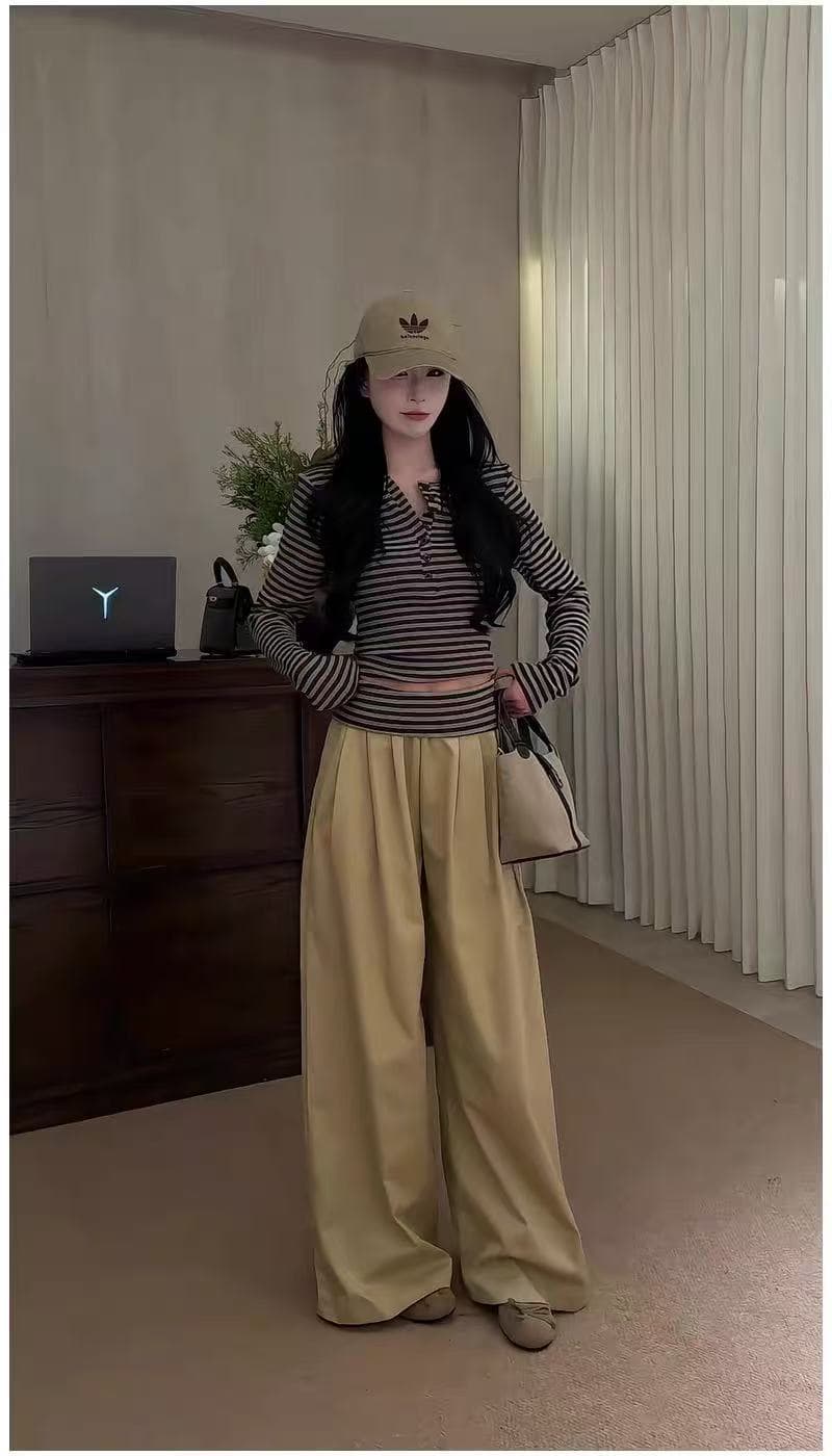 2026 한 부서 스트라이프 긴팔 티셔츠 맨위 와이드 레그 팬츠 두 조각 여성 세트 이른 가을 캐주얼 느슨함 센스 슬림해 보이는 착용 가져 가라. 상세 이미지 5
