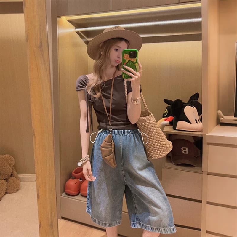 임산부 데님 반바지 오부 바지 여름 펌프 로프 청바지 루즈핏 와이드 레그 팬츠 캐주얼 임산부 바지 이미지 4