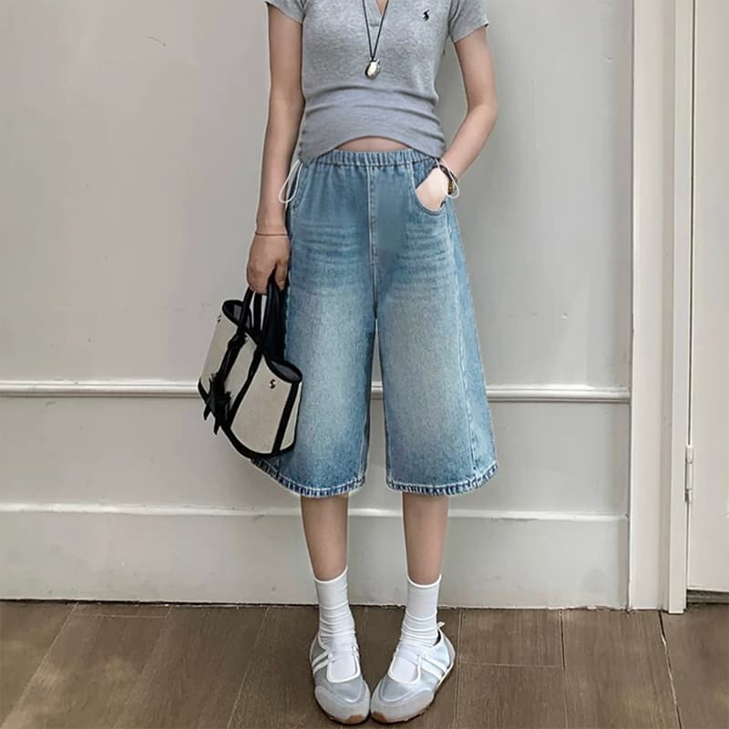 임산부 7 점 청바지 여름 펌프 로프 와이드 레그 팬츠 루즈핏 캐주얼 트렌디 엄마 캐주얼 바지 이미지 2