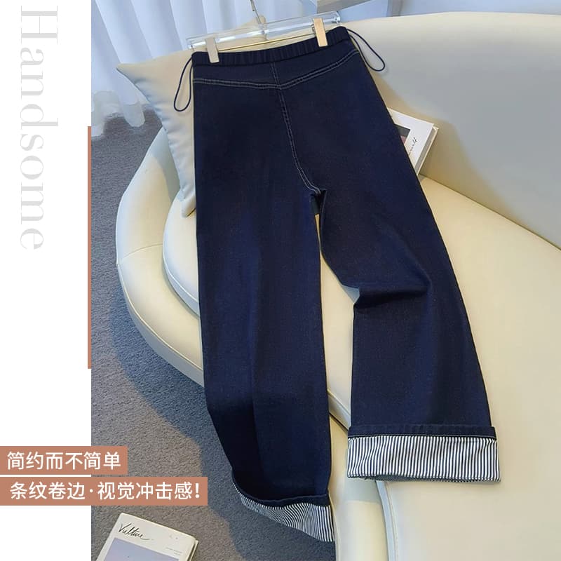 임산부 단 닝 블루 긴 바지 9 포인트 수 있습니다. 볼륨 측면 스트라이프 데님 봄과 가을 바지 넓은 다리 스트레이트 외출용 바지 이미지 2