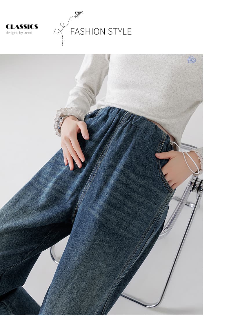 실사 임산부 봄과 가을 펌프 로프 데님 좁은 에디션 넓은 다리 루즈핏 스트레이트 없음 복부 지지 긴 바지 레트로 부서 상세 이미지 15