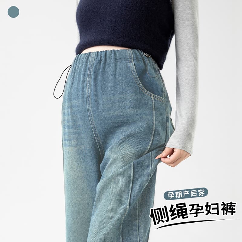 실사 임산부 펌프 로프 9 포인트 청바지 봄 가을 외출용 스트레이트 팬츠 루즈핏 와이드 레그 팬츠 볼륨 측면 이미지 2