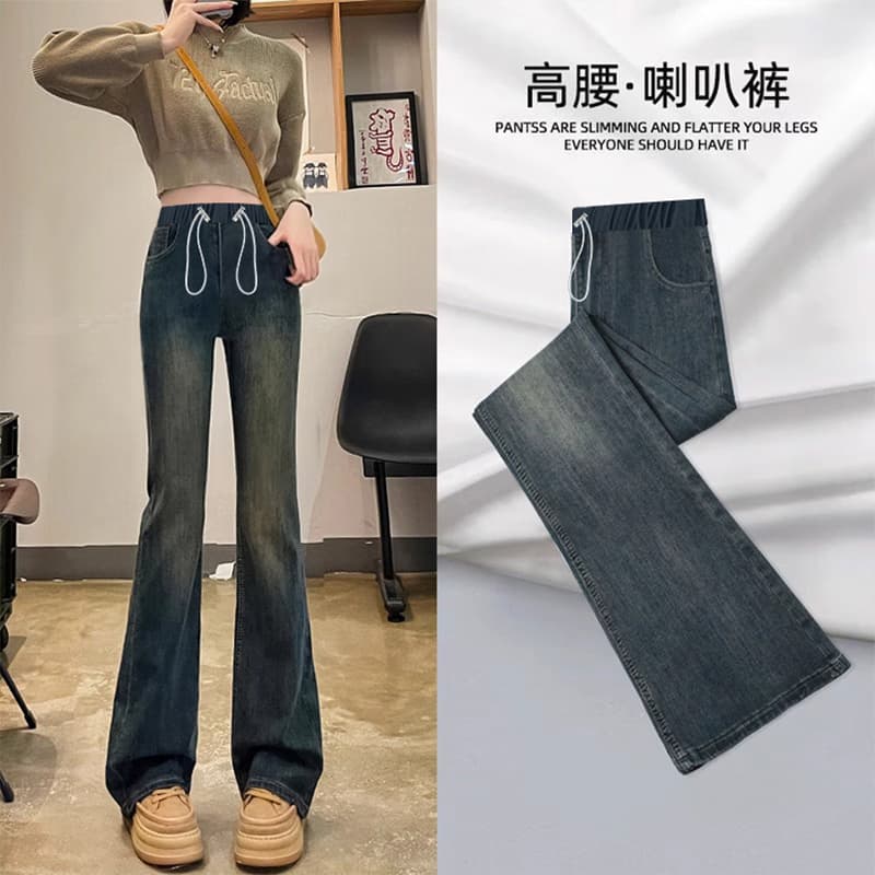 높은 탄력성 임산부 봄 가을 펌프 로프 섹션 청바지 있음 주머니 나팔 바지 캐주얼 외출용 긴 바지 이미지 4