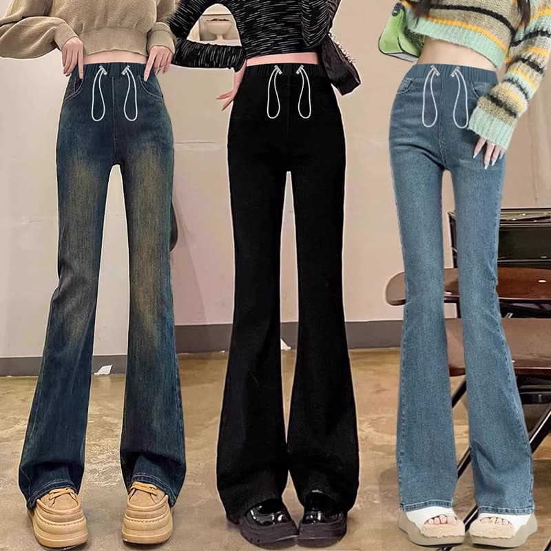 높은 탄력성 임산부 봄 가을 펌프 로프 섹션 청바지 있음 주머니 나팔 바지 캐주얼 외출용 긴 바지 이미지 2