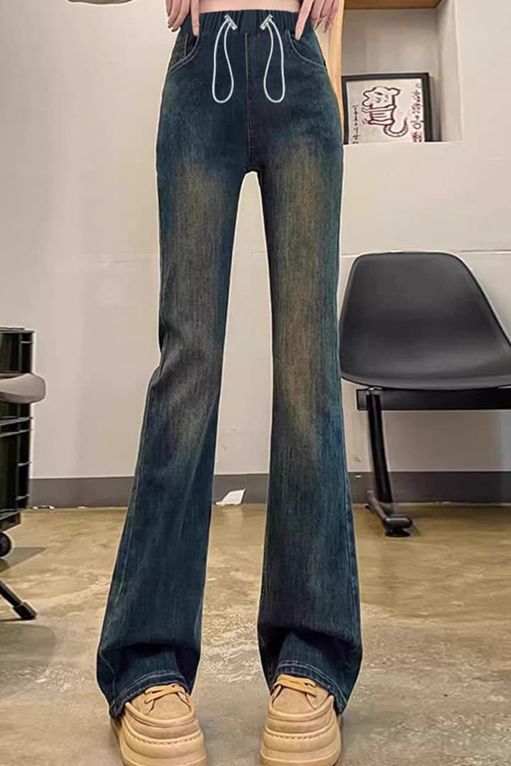 높은 탄력성 임산부 봄 가을 펌프 로프 섹션 청바지 있음 주머니 나팔 바지 캐주얼 외출용 긴 바지 이미지 6
