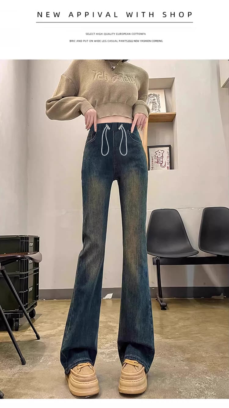 높은 탄력성 임산부 봄 가을 펌프 로프 섹션 청바지 있음 주머니 나팔 바지 캐주얼 외출용 긴 바지 상세 이미지 17