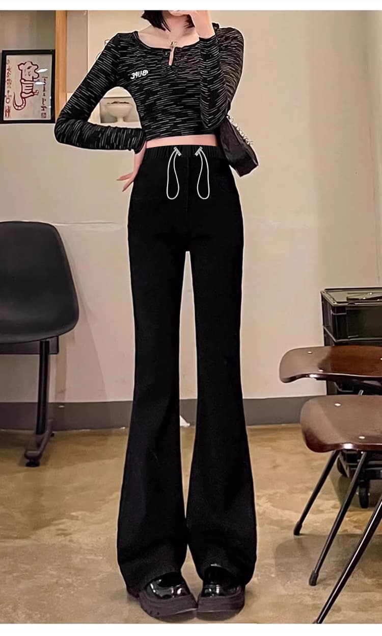 높은 탄력성 임산부 봄 가을 펌프 로프 섹션 청바지 있음 주머니 나팔 바지 캐주얼 외출용 긴 바지 상세 이미지 18