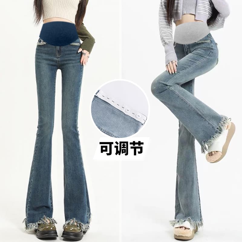높은 탄력성 임산부 복부 지지 섹션 부츠컷 거친 가장자리 데님 긴 바지 봄 가을 캐주얼 바지 외출용 레트로 부서 다용도