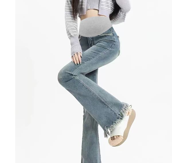 높은 탄력성 임산부 복부 지지 섹션 부츠컷 거친 가장자리 데님 긴 바지 봄 가을 캐주얼 바지 외출용 레트로 부서 다용도 상세 이미지 40